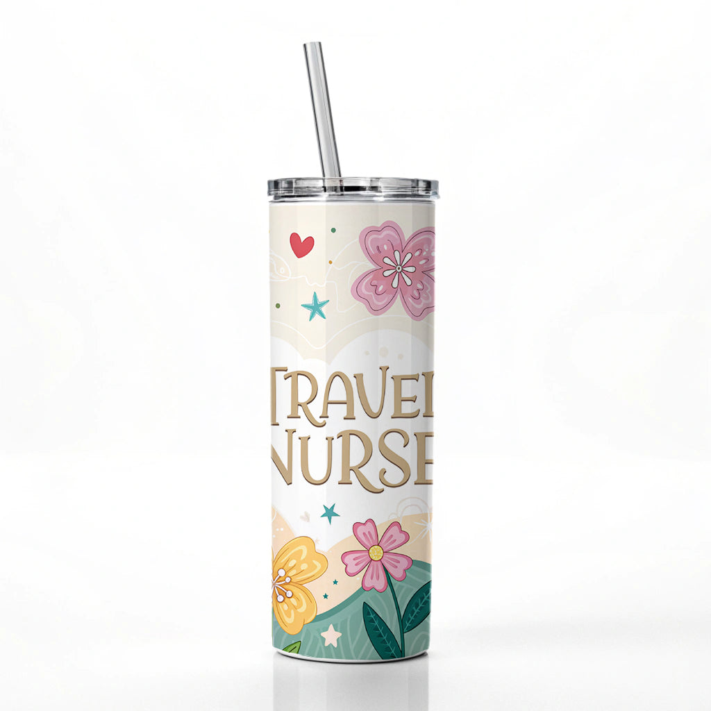Travel Nurse Appreciation Coquette Bows Flowers Skinny Tumbler 20oz with Straw Insulated Water Bottle Gift