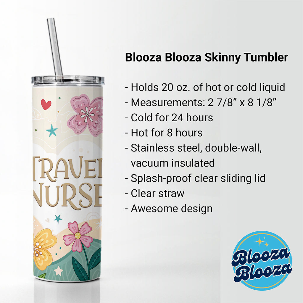 Travel Nurse Appreciation Coquette Bows Flowers Skinny Tumbler 20oz with Straw Insulated Water Bottle Gift