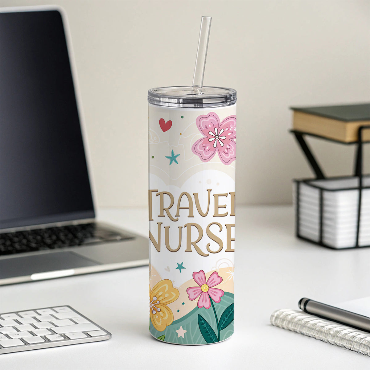 Travel Nurse Appreciation Coquette Bows Flowers Skinny Tumbler 20oz with Straw Insulated Water Bottle Gift