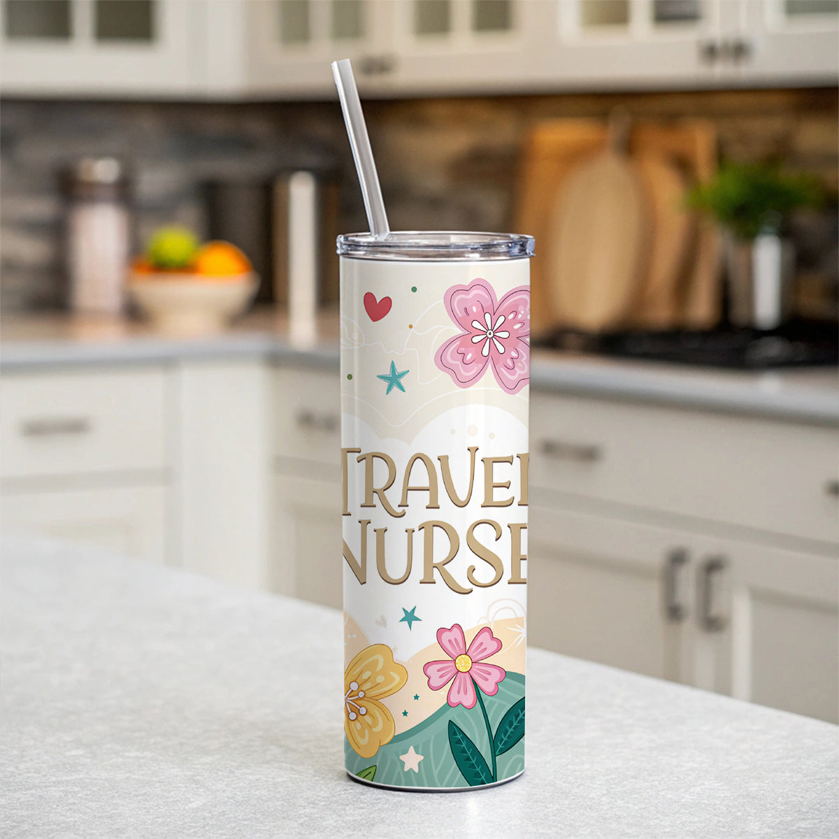 Travel Nurse Appreciation Coquette Bows Flowers Skinny Tumbler 20oz with Straw Insulated Water Bottle Gift