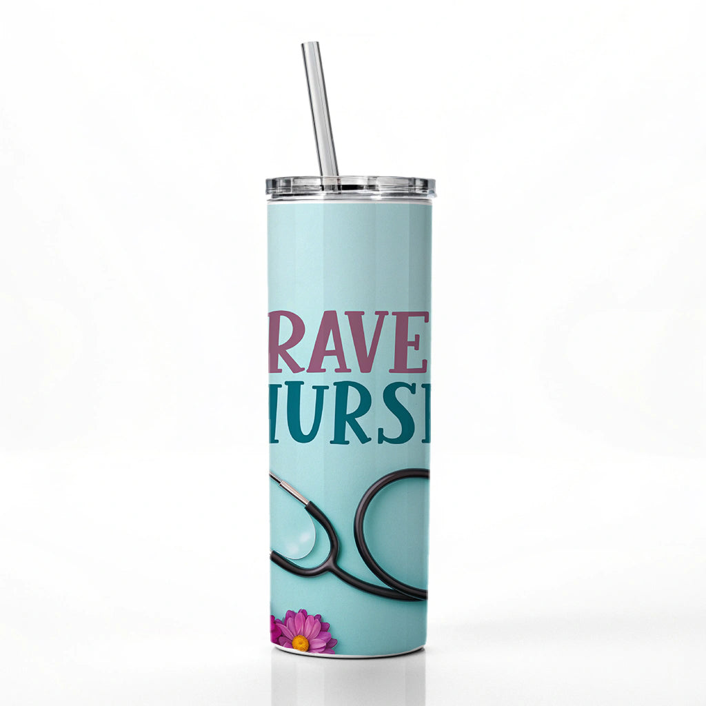 Travel Nurse Appreciation Stethoscope Flowers Skinny Tumbler 20oz with Straw Insulated Water Bottle Gift