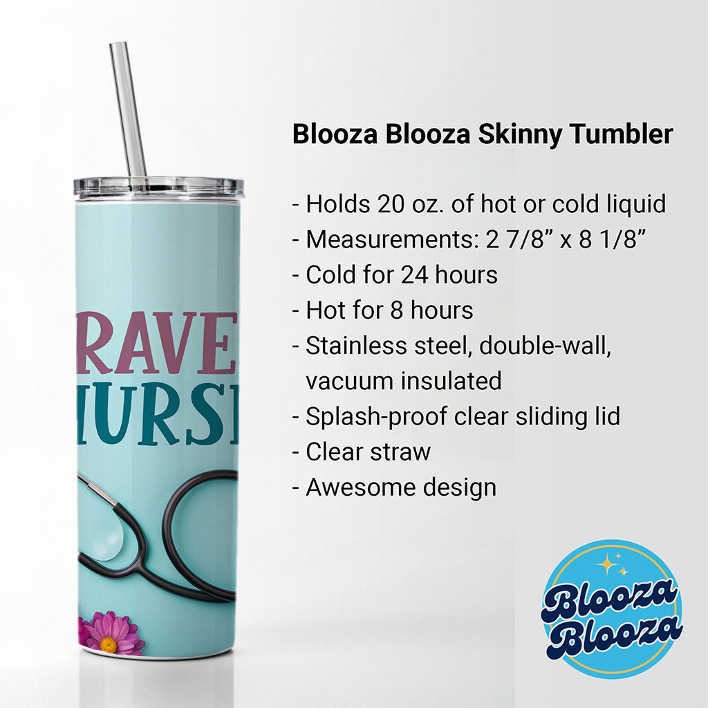Travel Nurse Appreciation Stethoscope Flowers Skinny Tumbler 20oz with Straw Insulated Water Bottle Gift