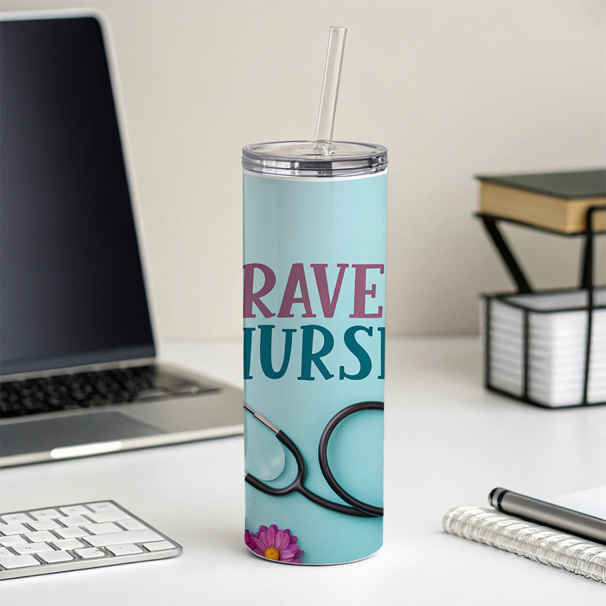 Travel Nurse Appreciation Stethoscope Flowers Skinny Tumbler 20oz with Straw Insulated Water Bottle Gift