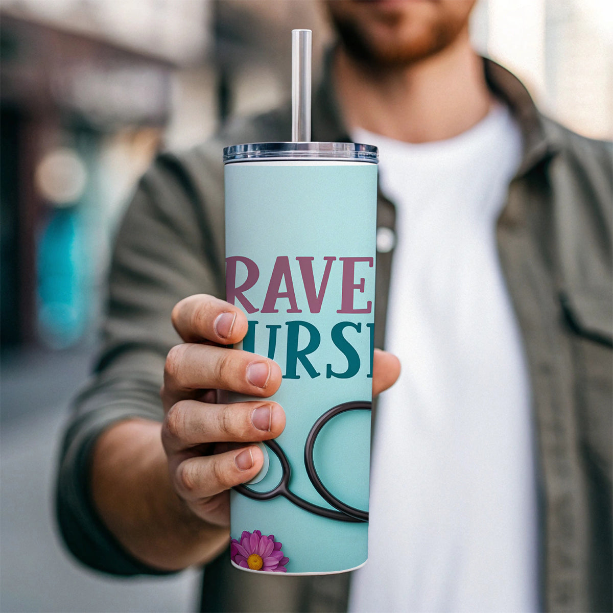Travel Nurse Appreciation Stethoscope Flowers Skinny Tumbler 20oz with Straw Insulated Water Bottle Gift