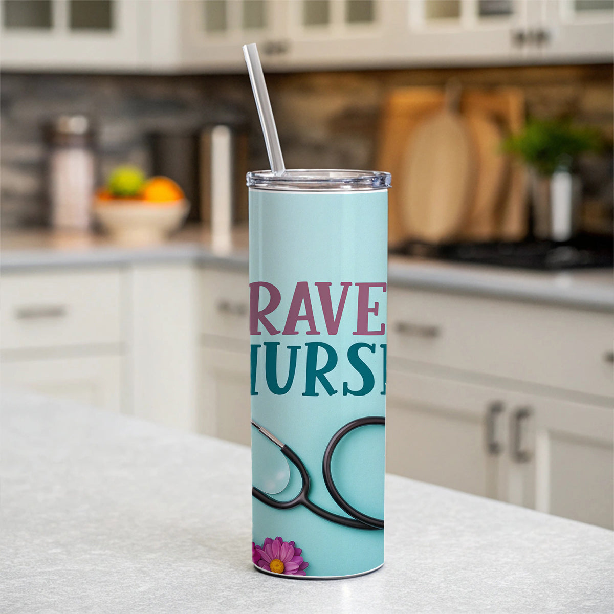Travel Nurse Appreciation Stethoscope Flowers Skinny Tumbler 20oz with Straw Insulated Water Bottle Gift