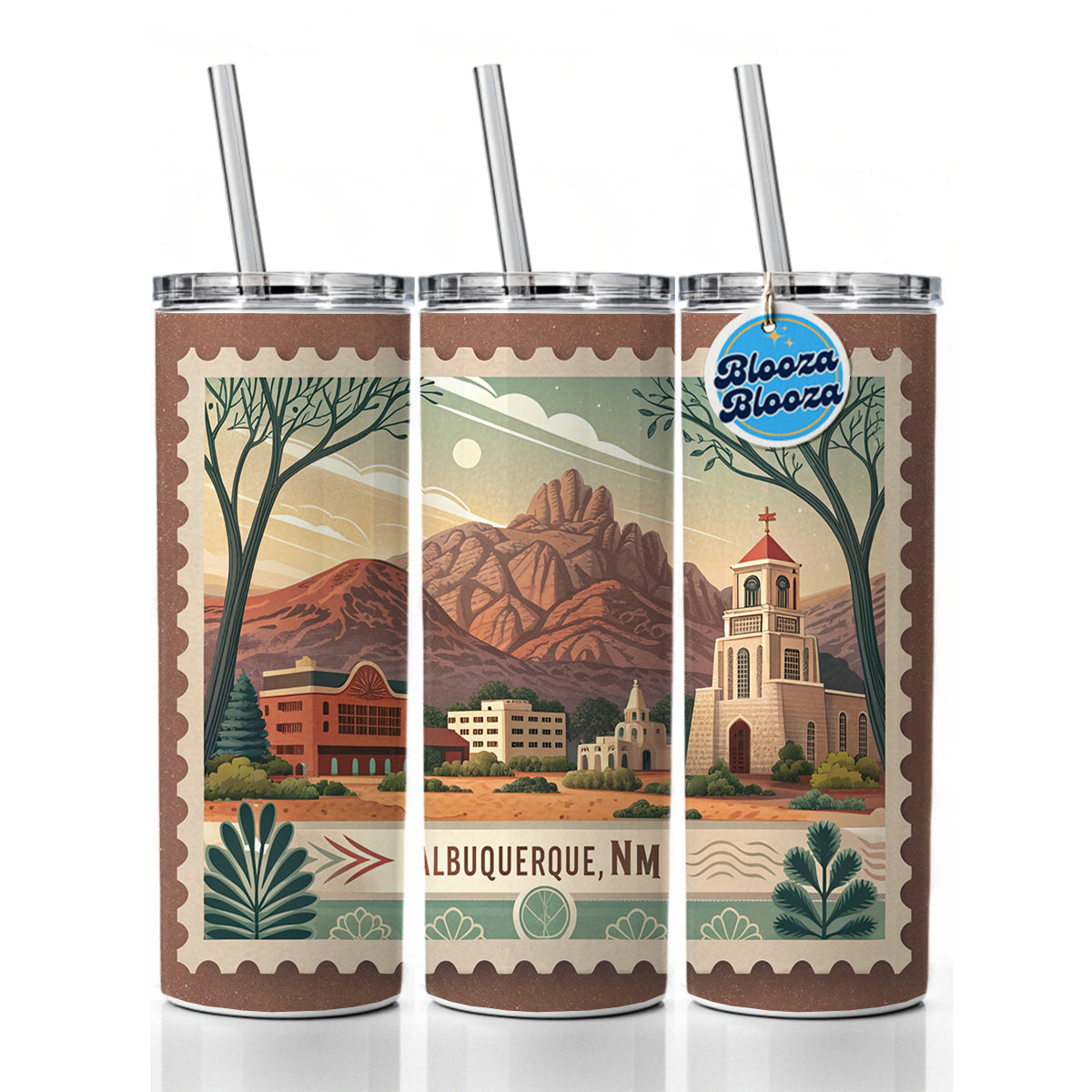 Albuquerque, New Mexico NM Travel City State Stamp Skinny Tumbler 20oz with Straw Insulated Water Bottle Gift