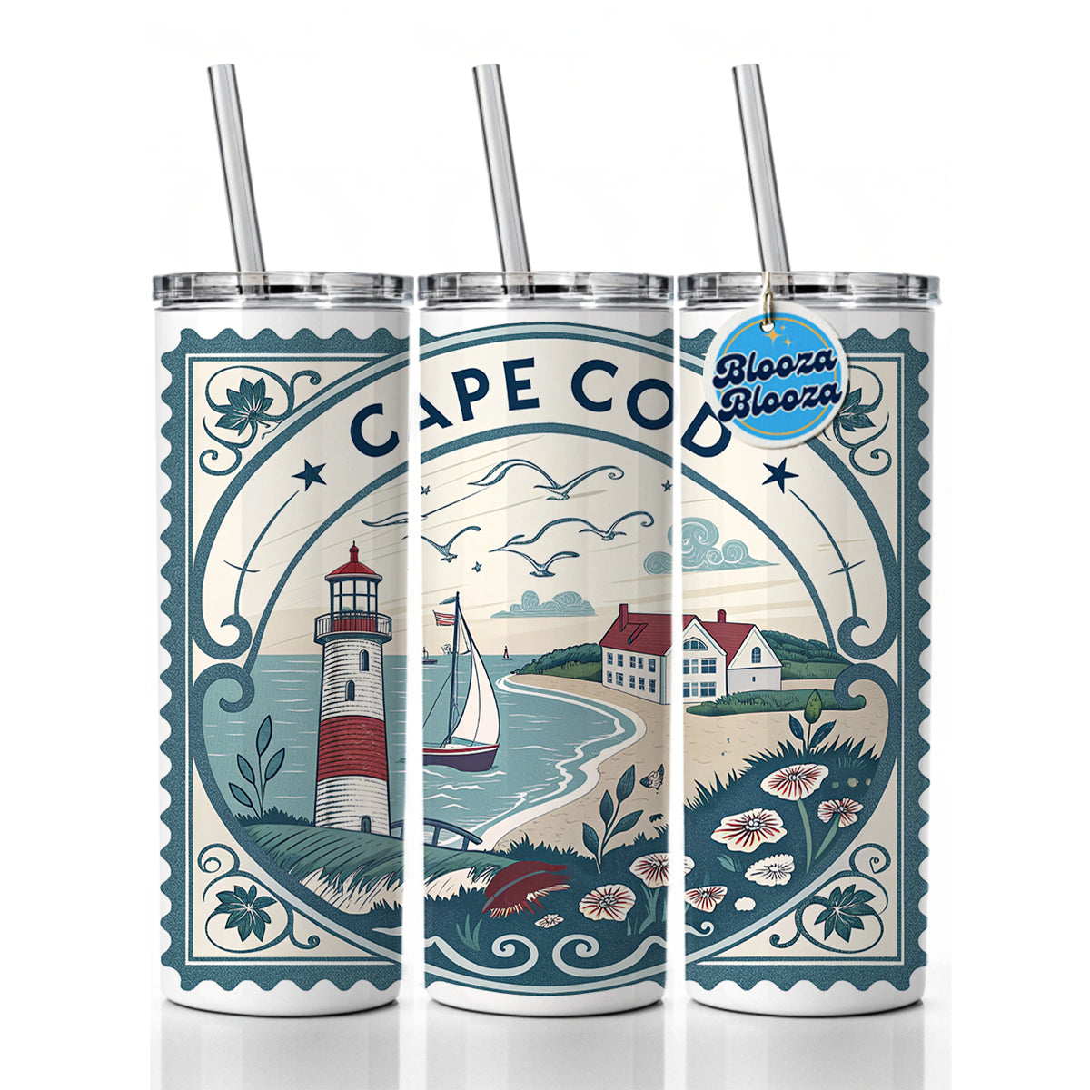 Cape Cod, Massachusetts MA Travel City State Stamp Skinny Tumbler 20oz with Straw Insulated Water Bottle Gift