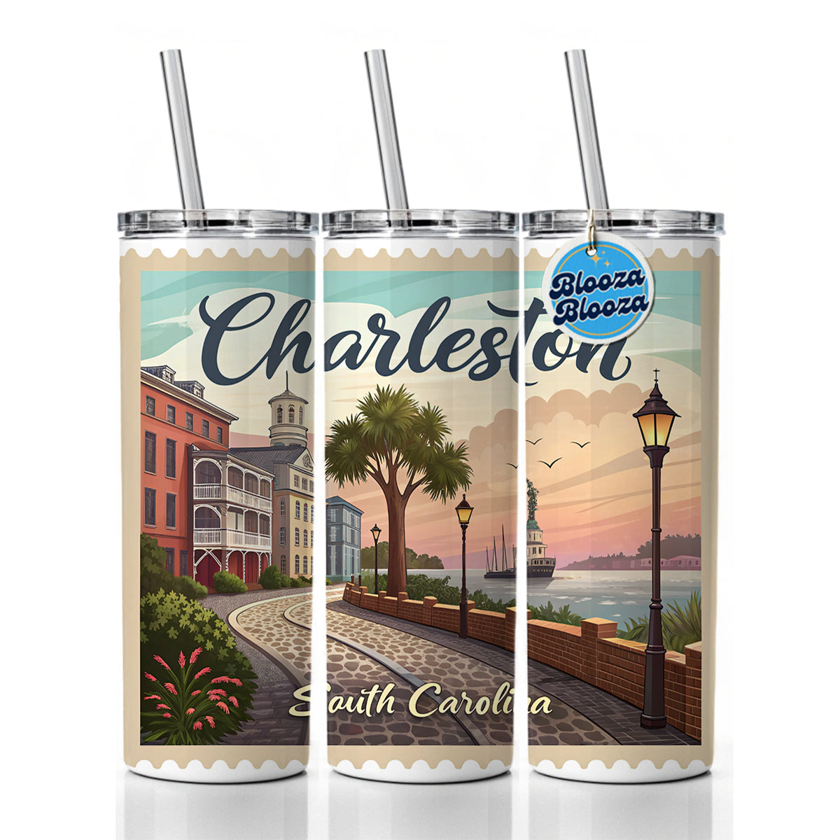 Charleston, South Carolina SC Travel City State Stamp Skinny Tumbler 20oz with Straw Insulated Water Bottle Gift