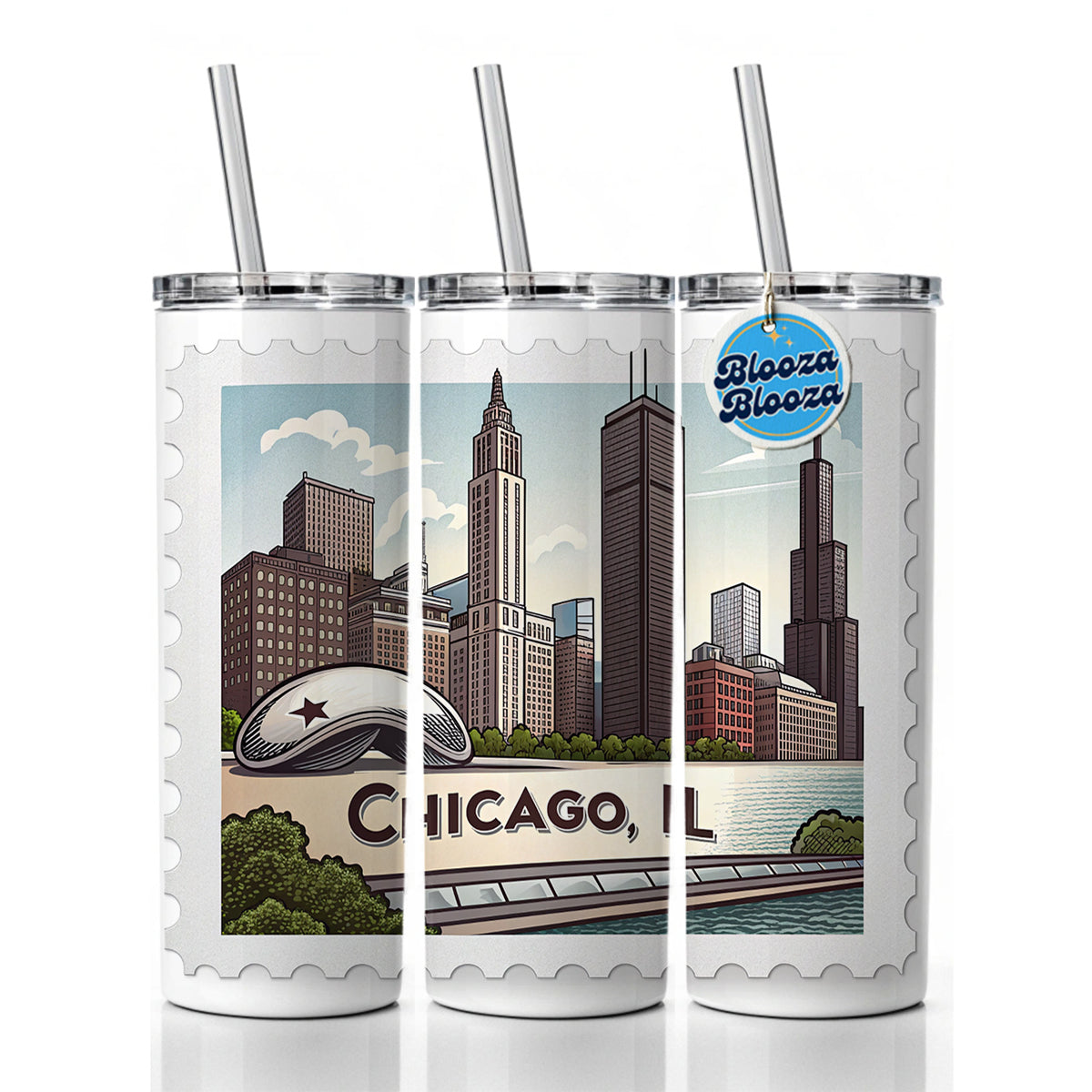 Chicago, Illinois IL Travel City State Stamp Skinny Tumbler 20oz with Straw Insulated Water Bottle Gift