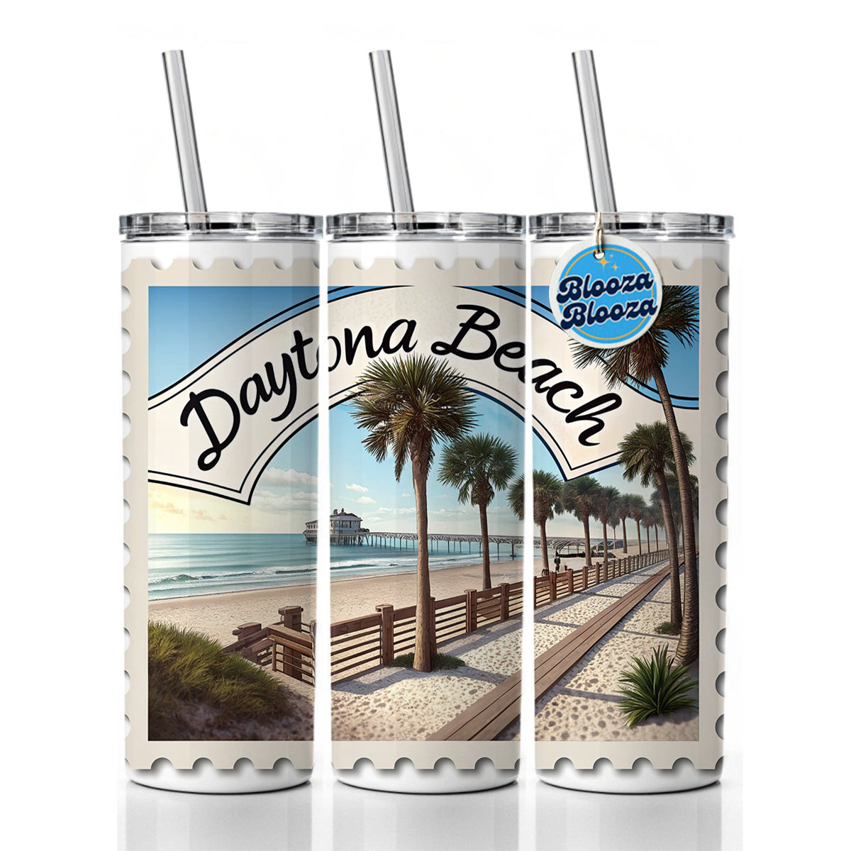 Daytona Beach, Florida FL Travel City State Stamp Skinny Tumbler 20oz with Straw Insulated Water Bottle Gift