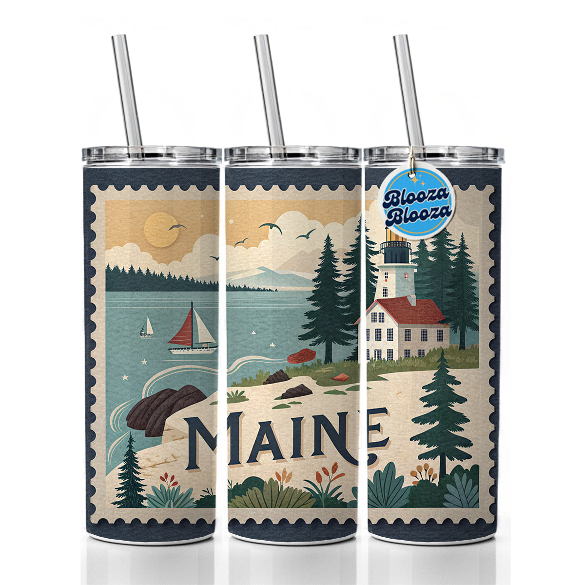 Maine ME Travel City State Stamp Skinny Tumbler 20oz with Straw Insulated Water Bottle Gift