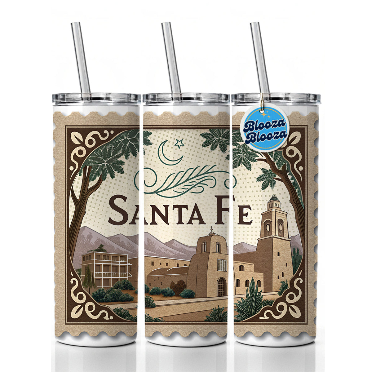 Santa Fe, New Mexico NM Travel City State Stamp Skinny Tumbler 20oz with Straw Insulated Water Bottle Gift