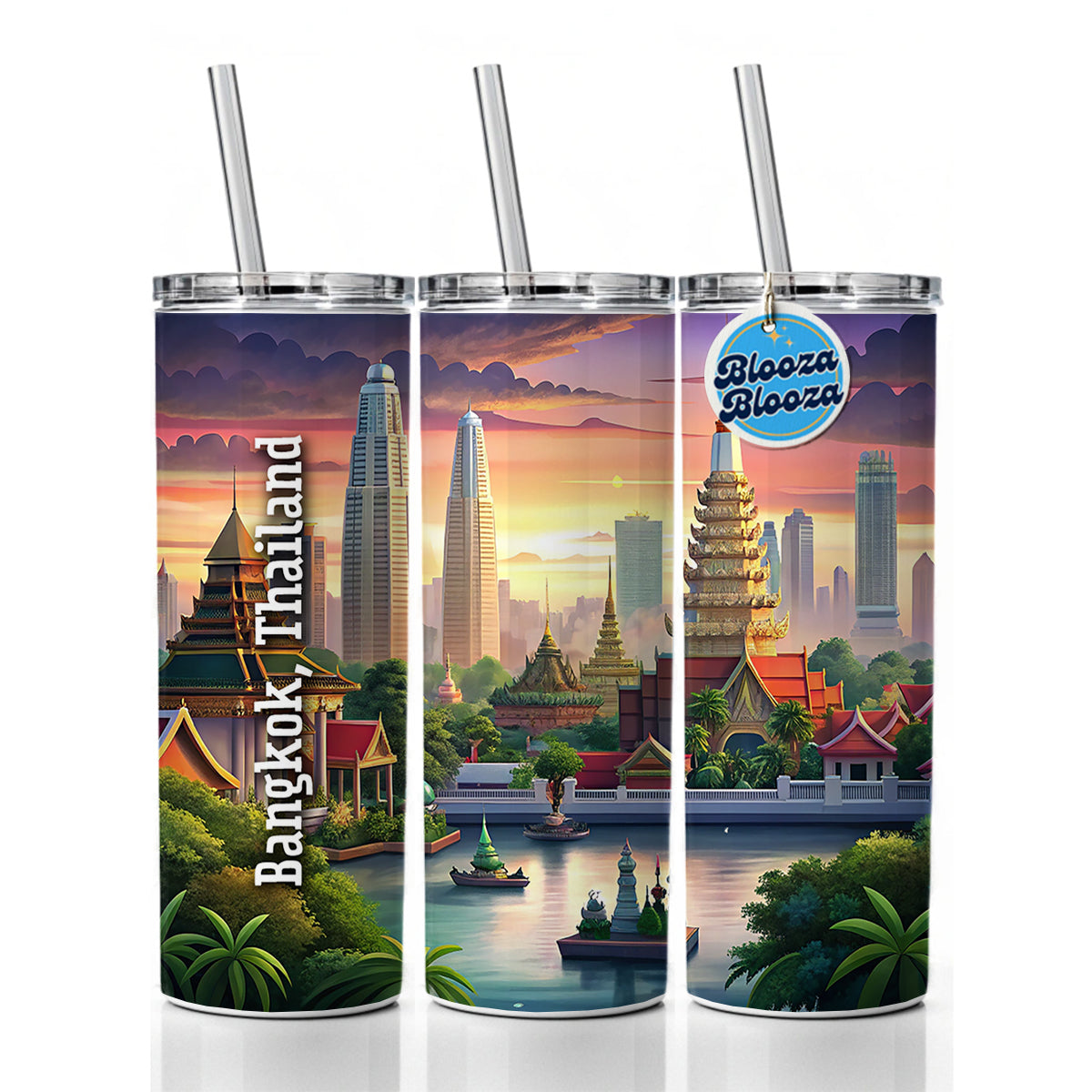 Bangkok, Thailand Travel City Country Stamp Skinny Tumbler 20oz with Straw Insulated Water Bottle Gift