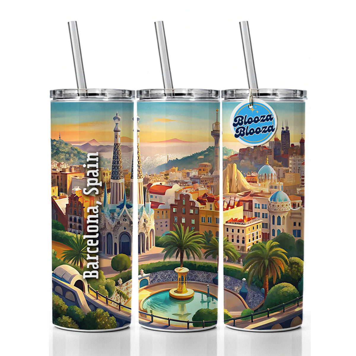 Barcelona, Spain Travel City Country Stamp Skinny Tumbler 20oz with Straw Insulated Water Bottle Gift