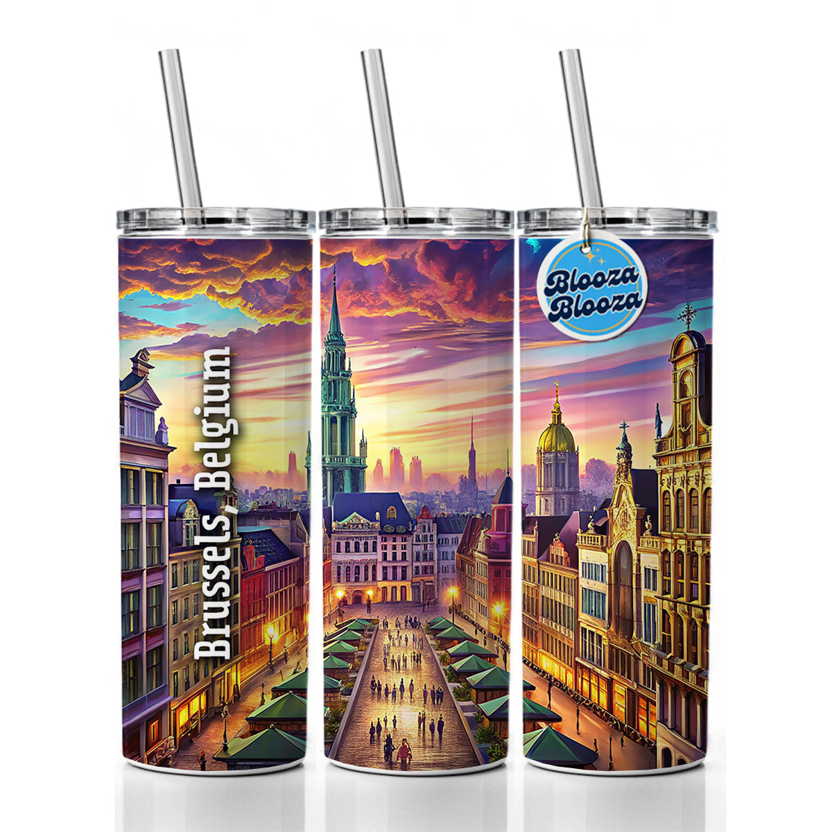 Brussels, Belgium Travel City Country Stamp Skinny Tumbler 20oz with Straw Insulated Water Bottle Gift