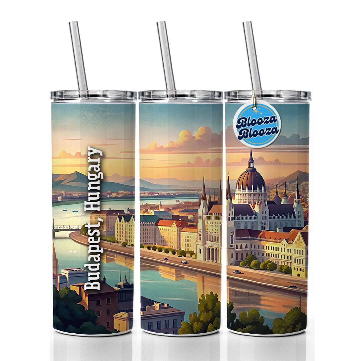 Budapest, Hungary Travel City Country Stamp Skinny Tumbler 20oz with Straw Insulated Water Bottle Gift