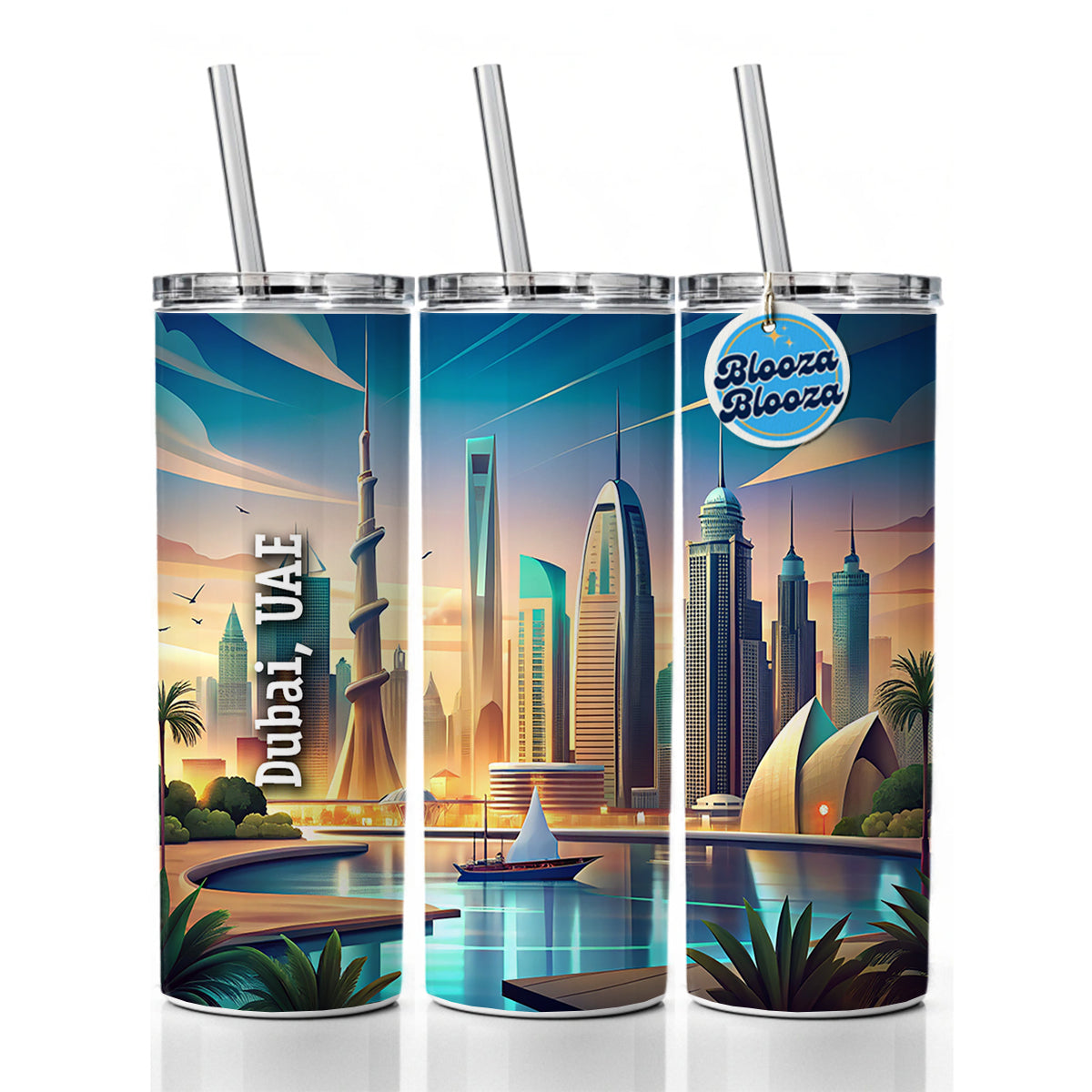 Dubai, UAE Travel City Country Stamp Skinny Tumbler 20oz with Straw Insulated Water Bottle Gift