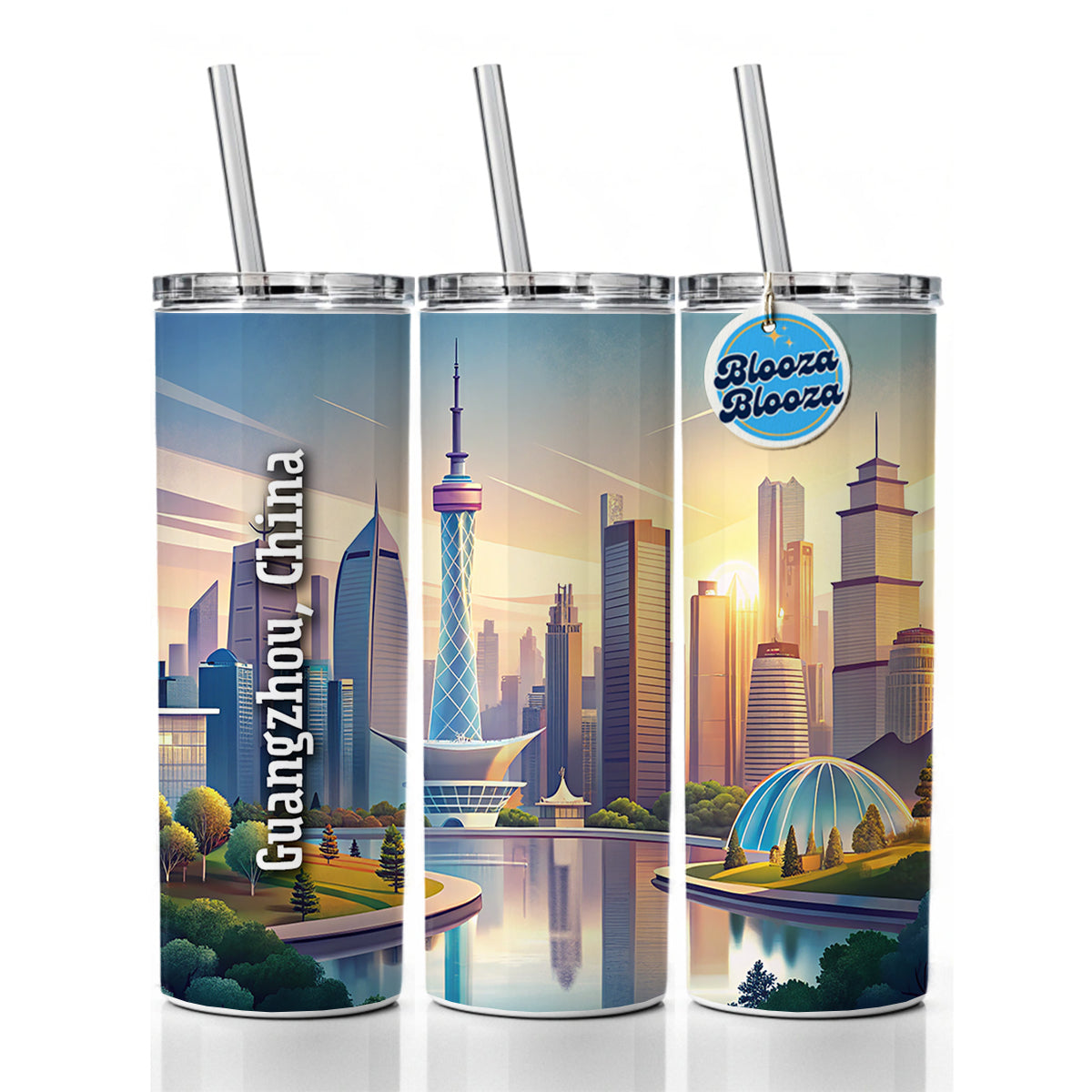 Guangzhou, China Travel City Country Stamp Skinny Tumbler 20oz with Straw Insulated Water Bottle Gift