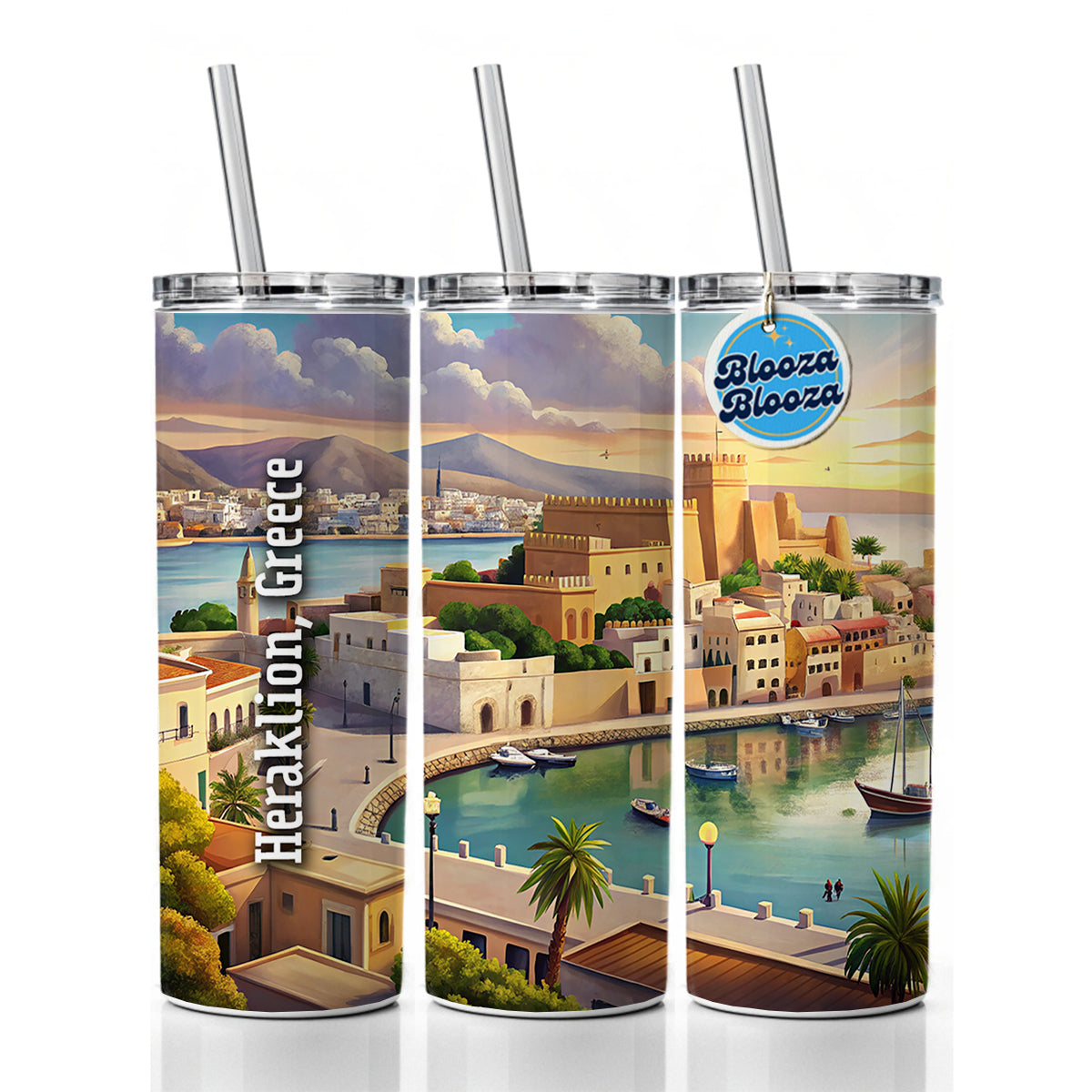 Heraklion, Greece Travel City Country Stamp Skinny Tumbler 20oz with Straw Insulated Water Bottle Gift