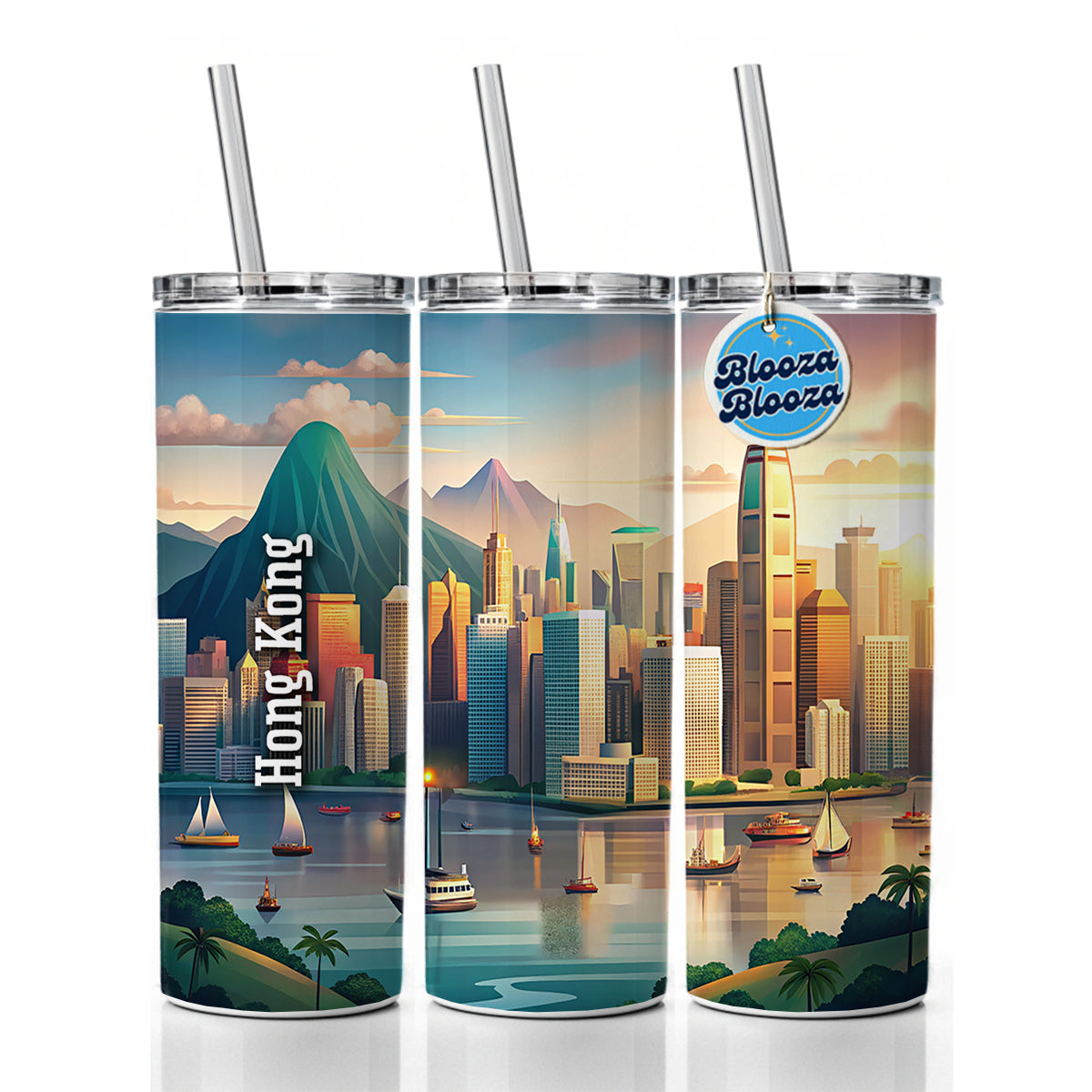 Hong Kong Travel City Country Stamp Skinny Tumbler 20oz with Straw Insulated Water Bottle Gift