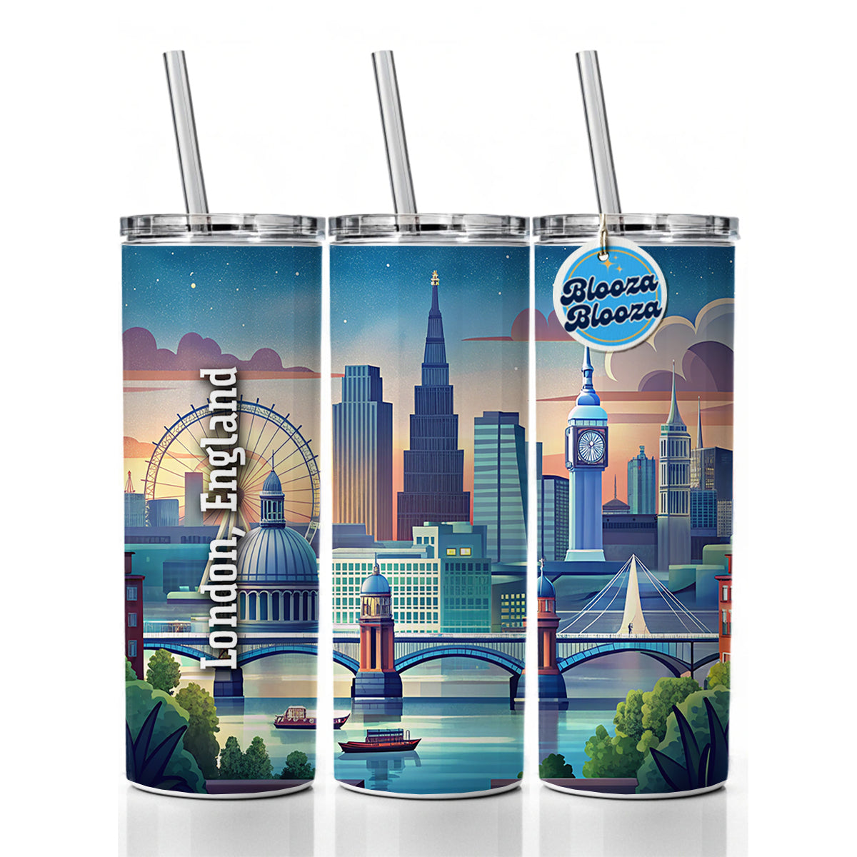 London, England Travel City Country Stamp Skinny Tumbler 20oz with Straw Insulated Water Bottle Gift