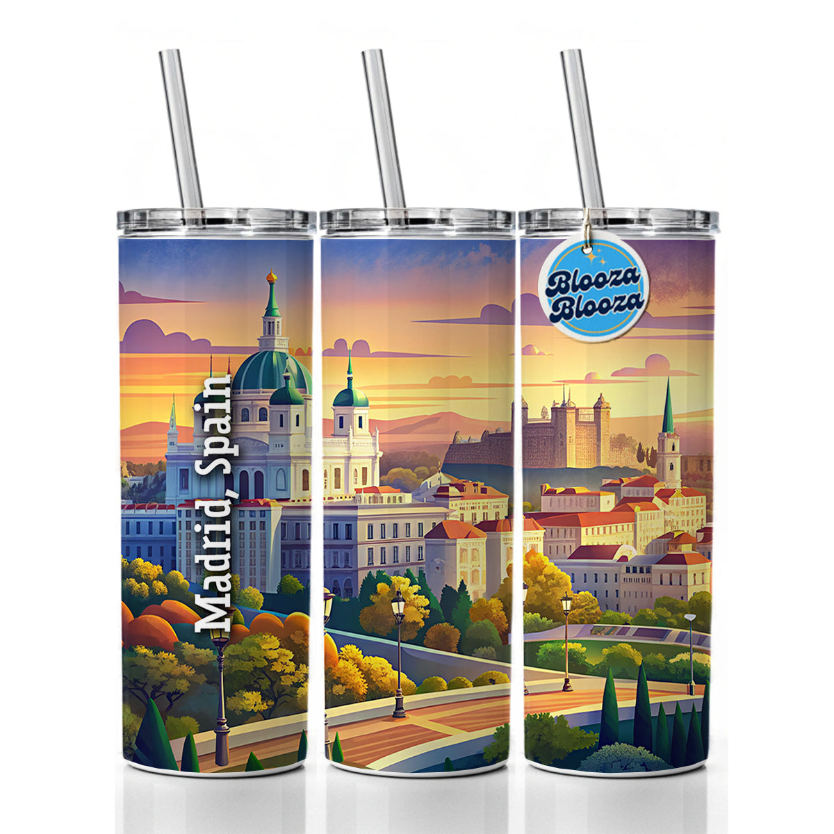 Madrid, Spain Travel City Country Stamp Skinny Tumbler 20oz with Straw Insulated Water Bottle Gift
