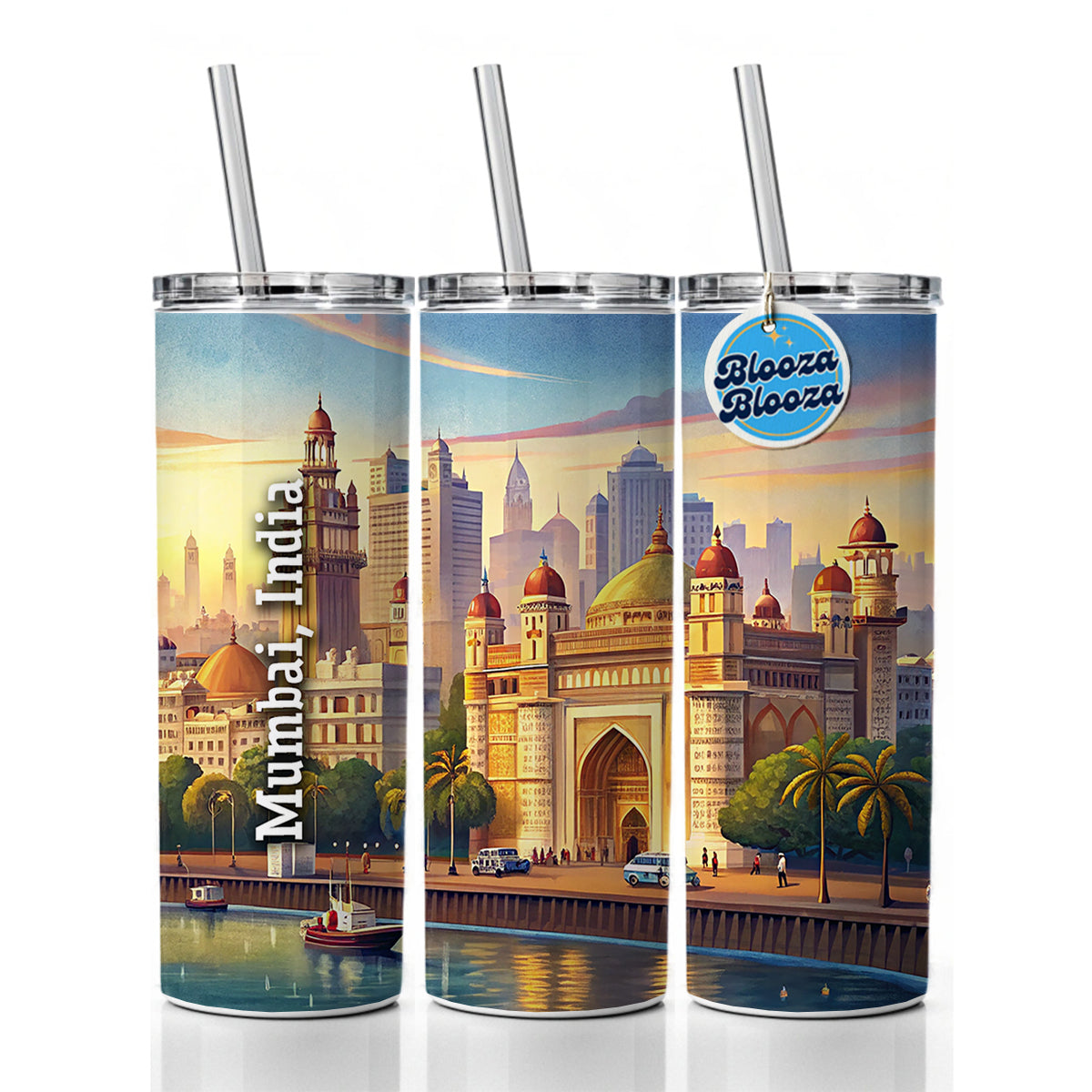 Mumbai, India Travel City Country Stamp Skinny Tumbler 20oz with Straw Insulated Water Bottle Gift