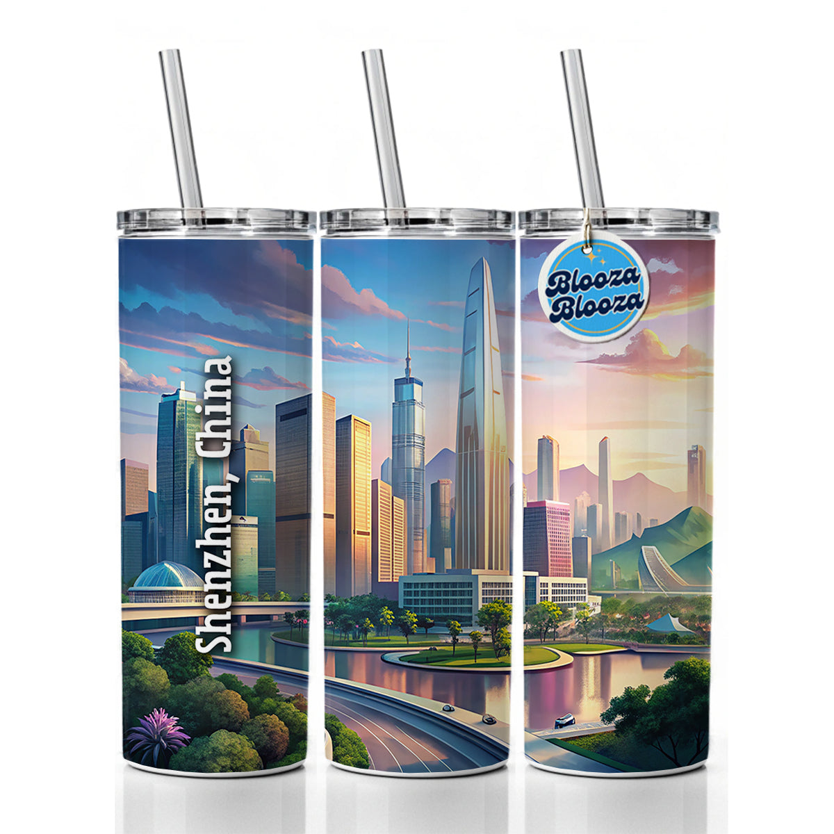 Shenzhen, China Travel City Country Stamp Skinny Tumbler 20oz with Straw Insulated Water Bottle Gift