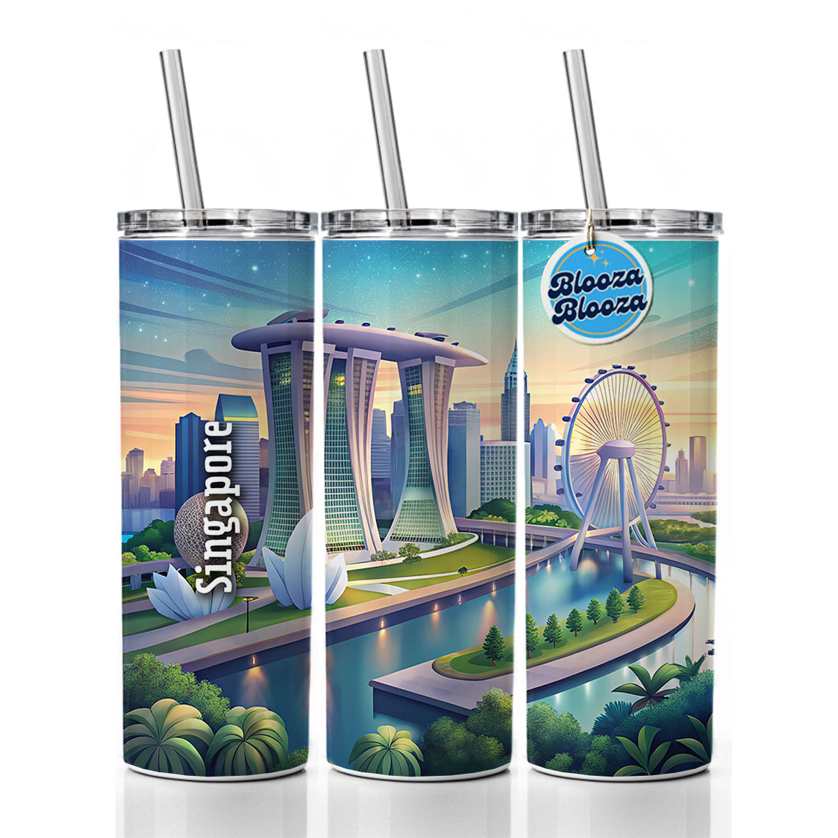 Singapore Travel City Country Stamp Skinny Tumbler 20oz with Straw Insulated Water Bottle Gift