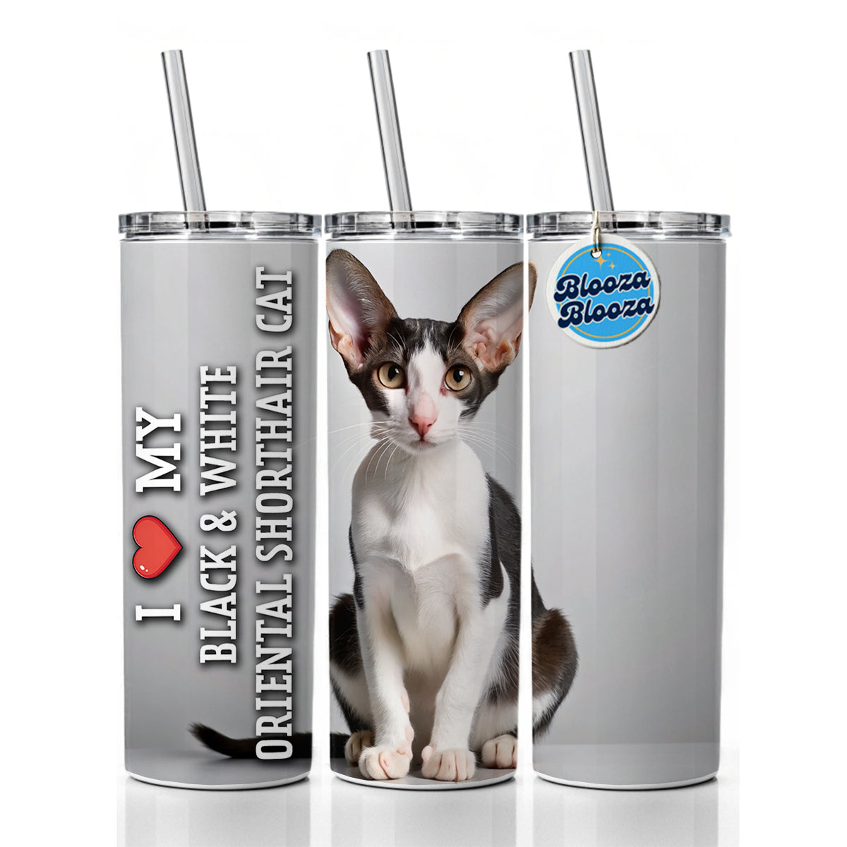 I Love My Black & White Oriental Shorthair Cat Heart Skinny Tumbler 20oz with Straw Insulated Water Bottle Gift