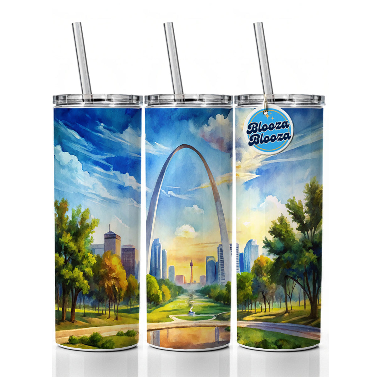Gateway Arch National Park Missouri Watercolor Style Skinny Tumbler 20oz with Straw Insulated Water Bottle Gift