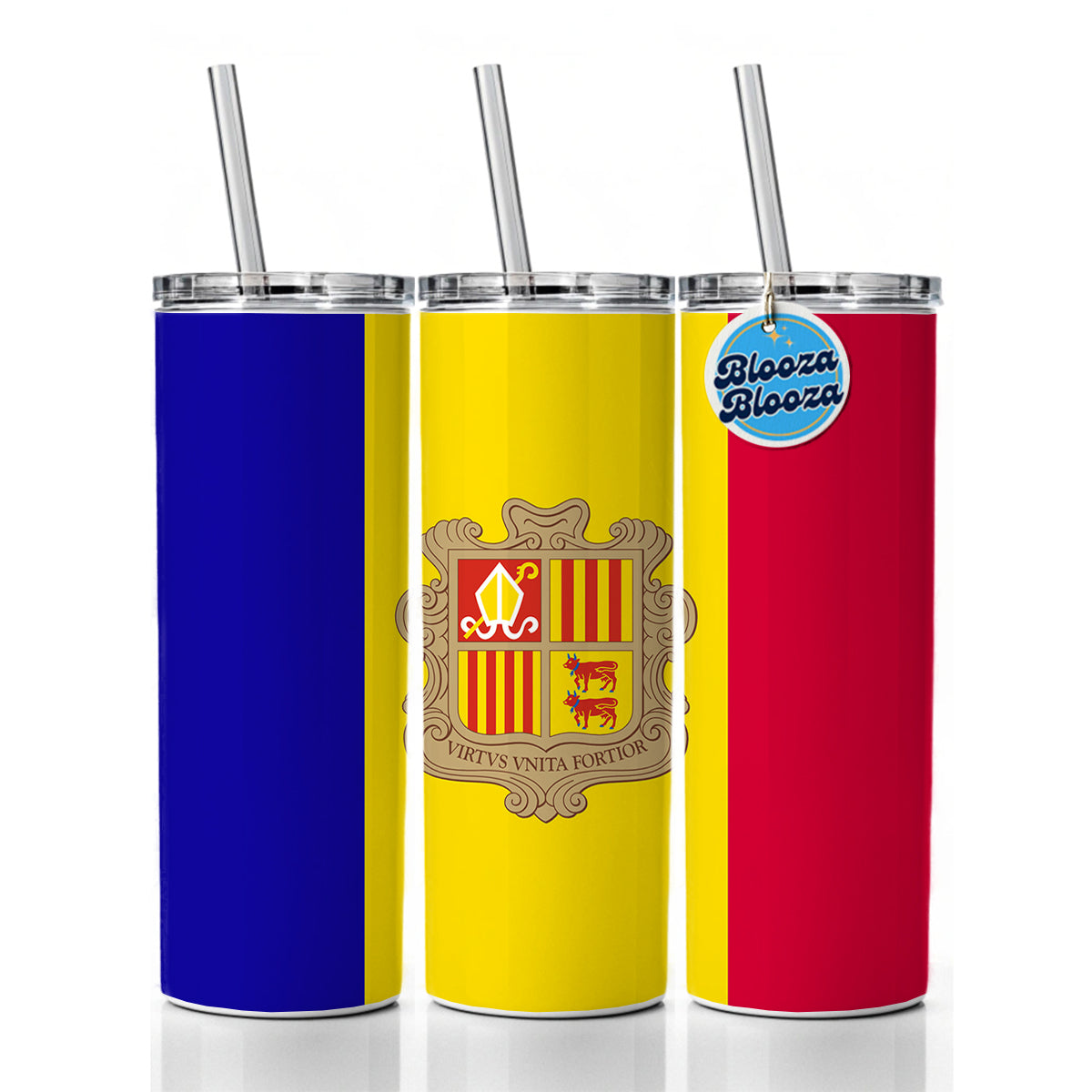 Andorra Country Flag Skinny Tumbler 20oz with Straw Insulated Water Bottle Gift