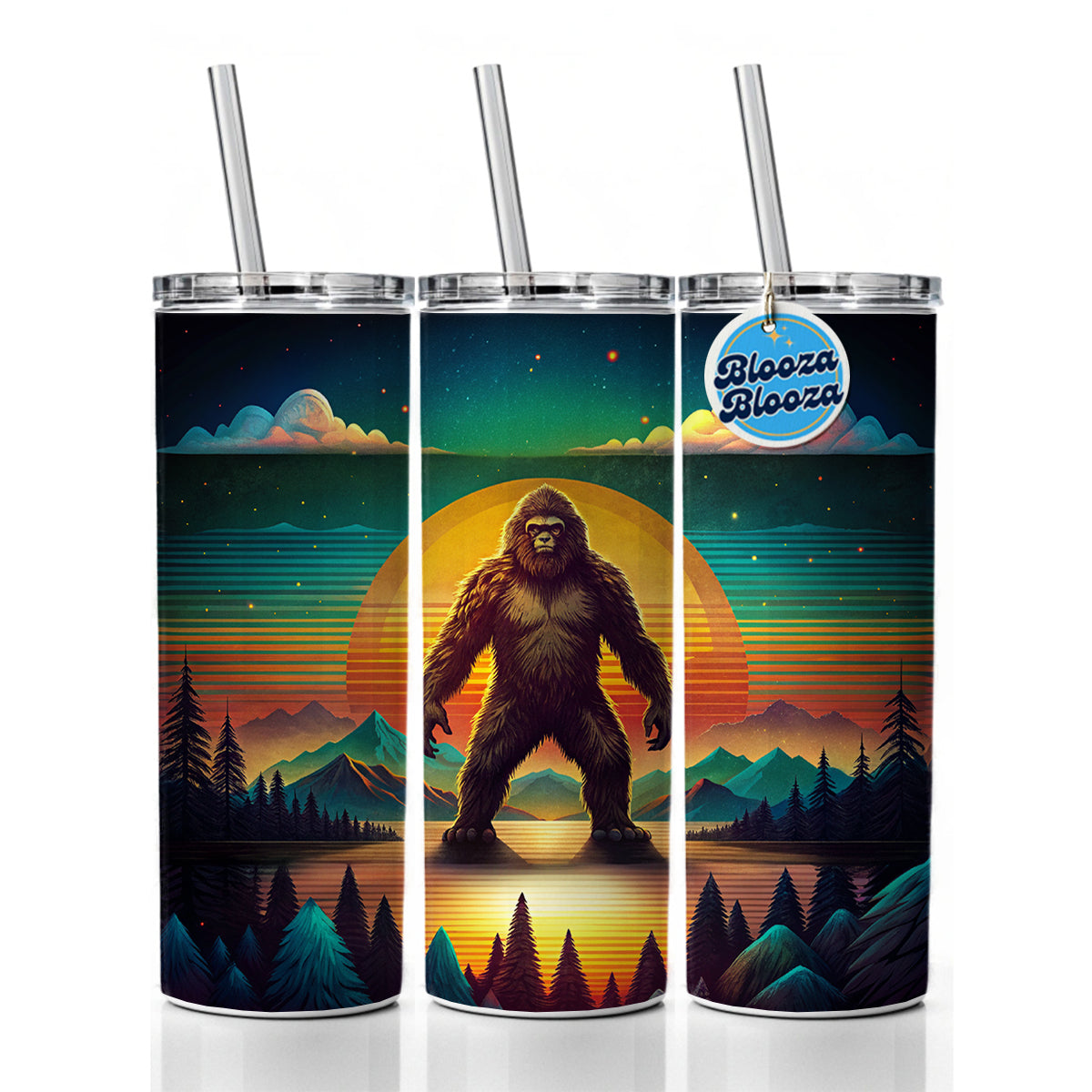 Big Foot Retro Sunset Skinny Tumbler 20oz with Straw Insulated Water Bottle Gift
