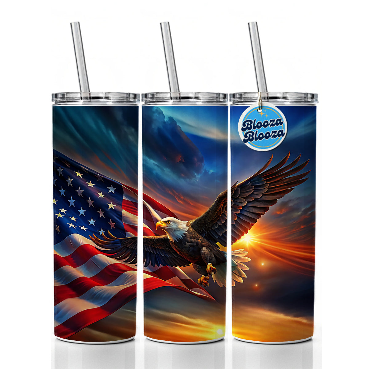 Awesome Patriotic American Flag and Flying Bald Eagle Skinny Tumbler 20oz with Straw Insulated Water Bottle Gift