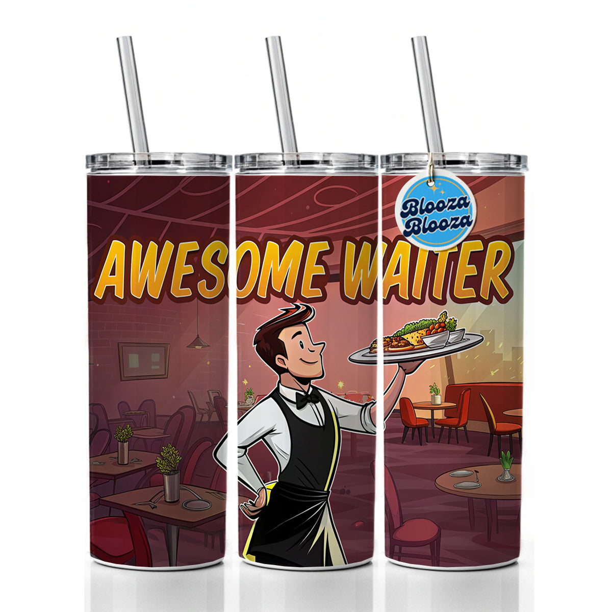 Awesome Waiter Inspirational Food Server Skinny Tumbler 20oz with Straw Insulated Water Bottle Gift