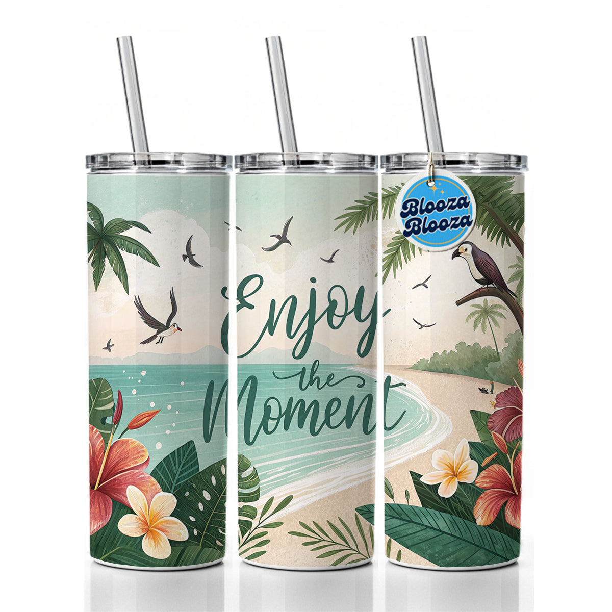 Enjoy The Moment Tropical Beach Inspirational Skinny Tumbler 20oz with Straw Insulated Water Bottle Gift