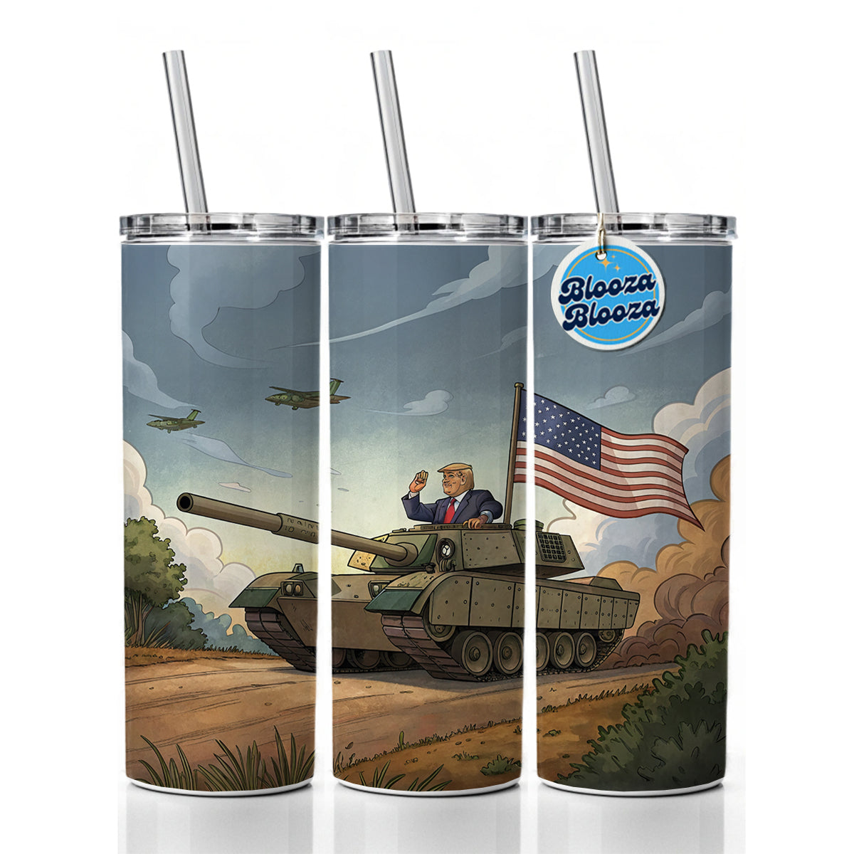 Patriotic Donald Trump Driving M1 Abrams Tank Funny Skinny Tumbler 20oz with Straw Insulated Water Bottle Gift