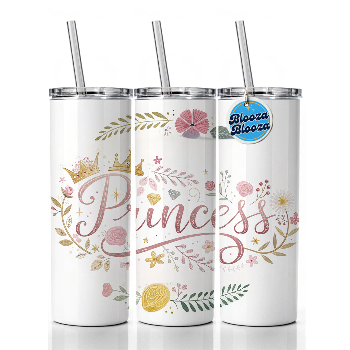 Princess Floral Cute Funny Skinny Tumbler 20oz with Straw Insulated Water Bottle Gift