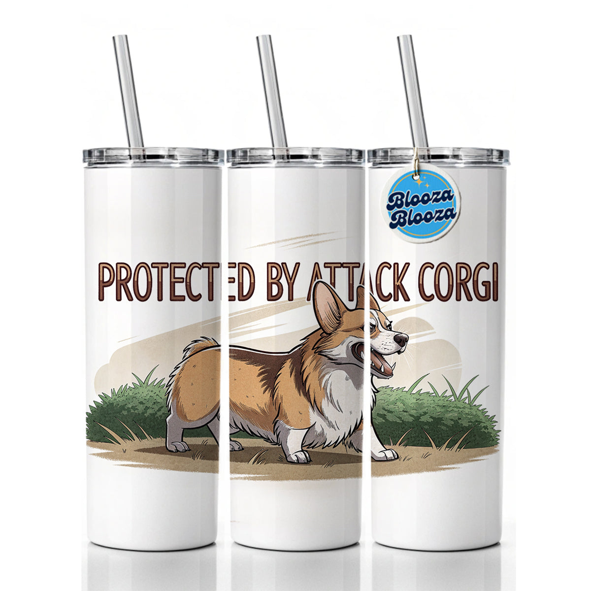 Protected By Attack Corgi Funny Skinny Tumbler 20oz with Straw Insulated Water Bottle Gift