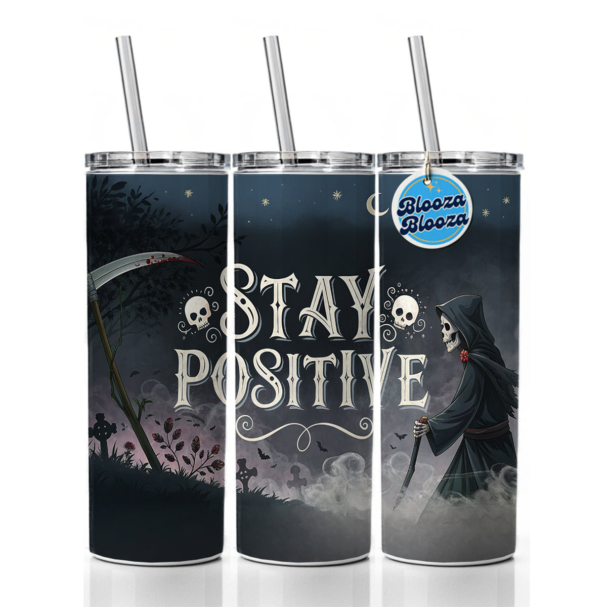 Stay Positive Funny Grim Reaper Death Cartoon Skinny Tumbler 20oz with Straw Insulated Water Bottle Gift