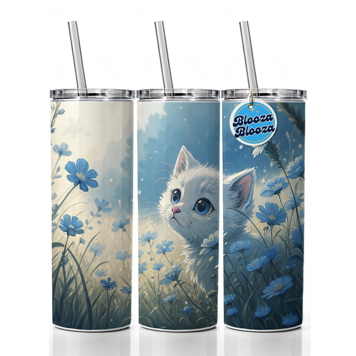 White Kitten in Field Of Blue Flowers Anime Style Skinny Tumbler 20oz with Straw Insulated Water Bottle Gift