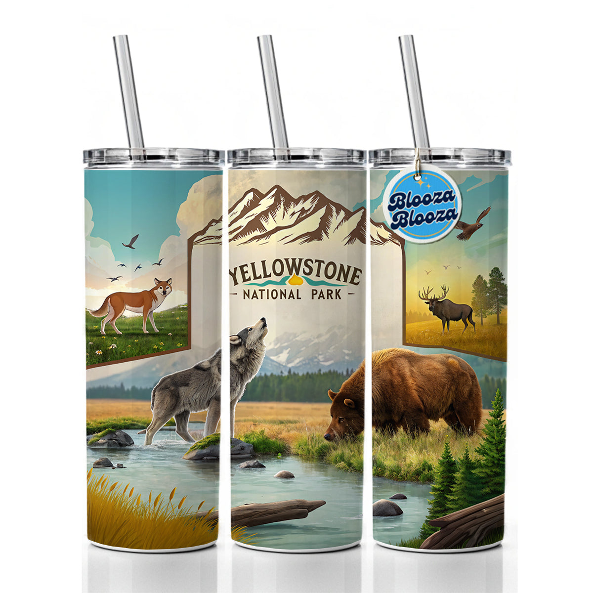 Yellowstone National Park Animals Skinny Tumbler 20oz with Straw Insulated Water Bottle Gift