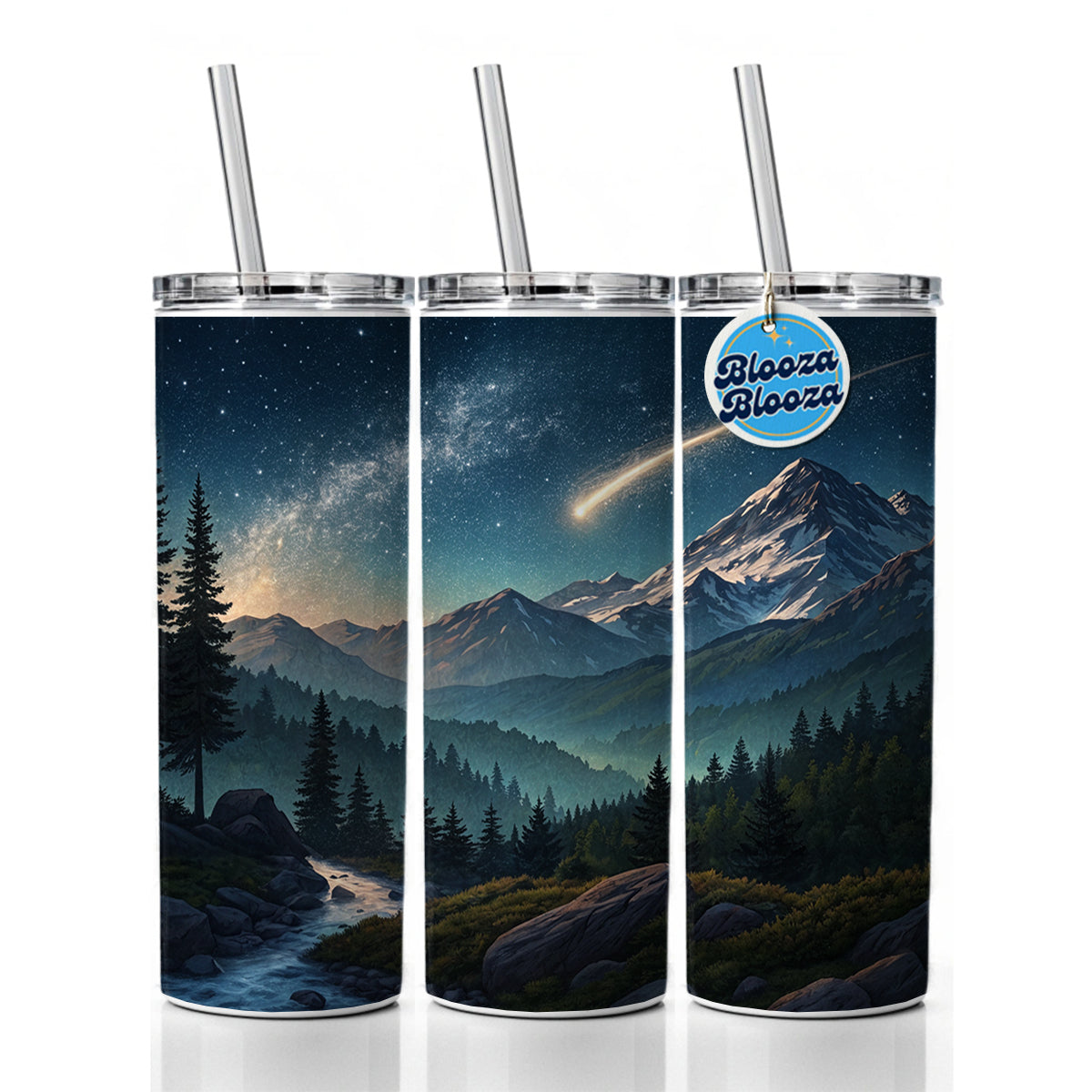 Comet Shooting Star In The Night Sky Over Mountains Skinny Tumbler 20oz with Straw Insulated Water Bottle Gift