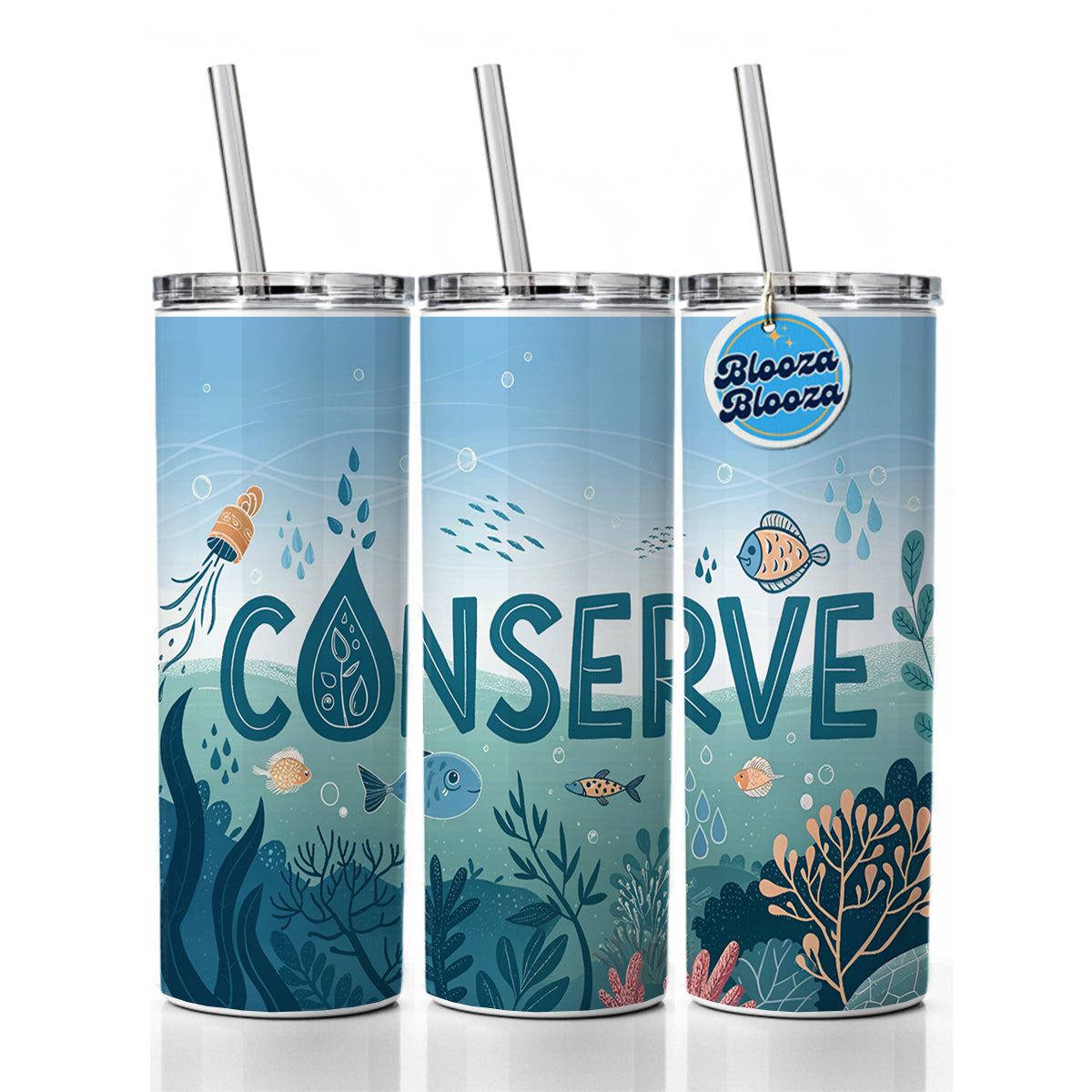 Conserve Water Fish Conservation Theme Skinny Tumbler 20oz with Straw Insulated Water Bottle Gift