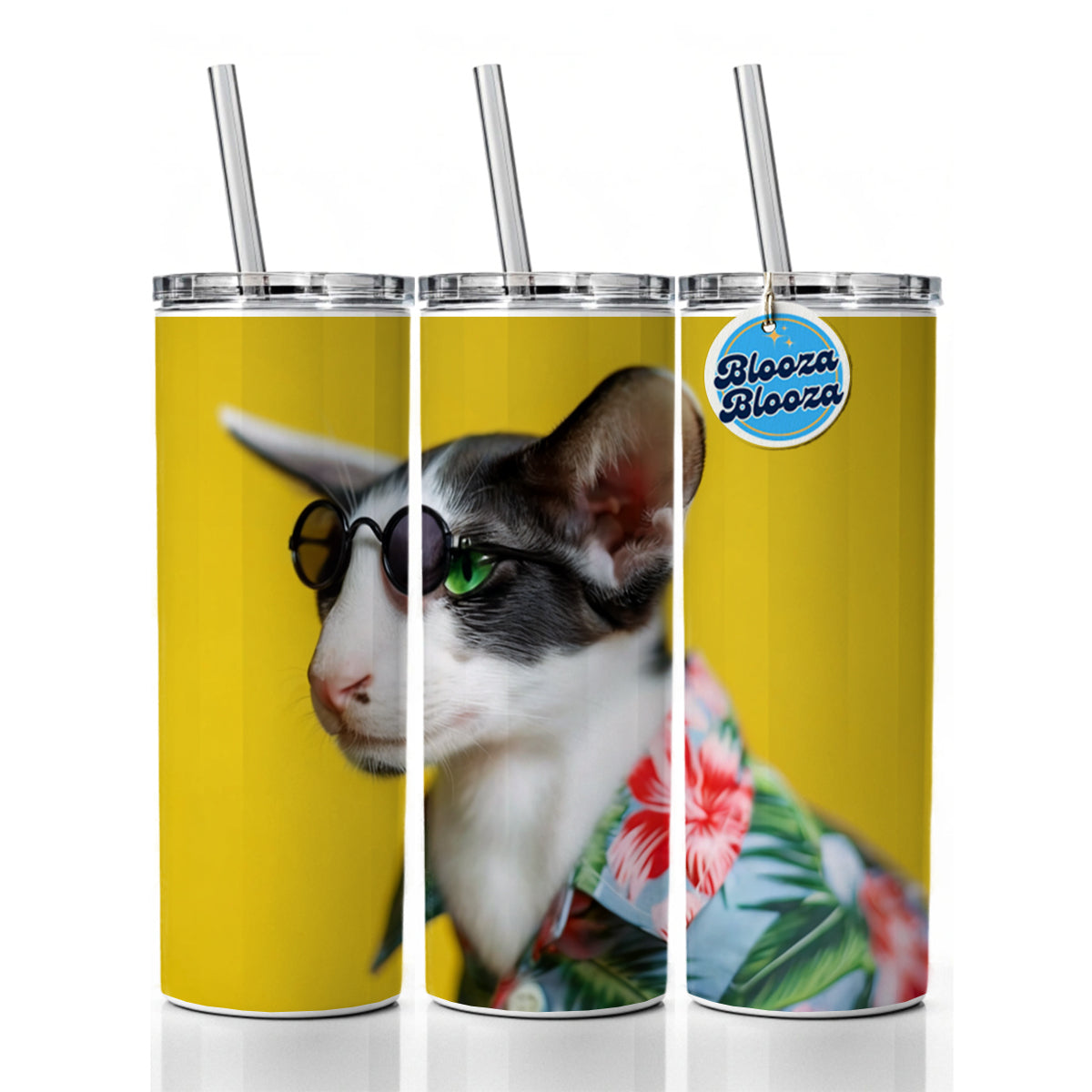 Funny Cat With Glasses And Hawaiian Shirt Skinny Tumbler 20oz with Straw Insulated Water Bottle Gift