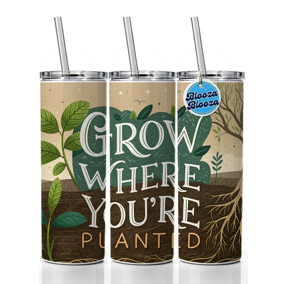 Grow Where You're Planted Inspirational Skinny Tumbler 20oz with Straw Insulated Water Bottle Gift
