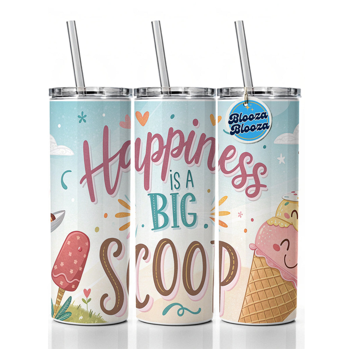 Happiness Is A Big Scoop Ice Cream Funny Skinny Tumbler 20oz with Straw Insulated Water Bottle Gift