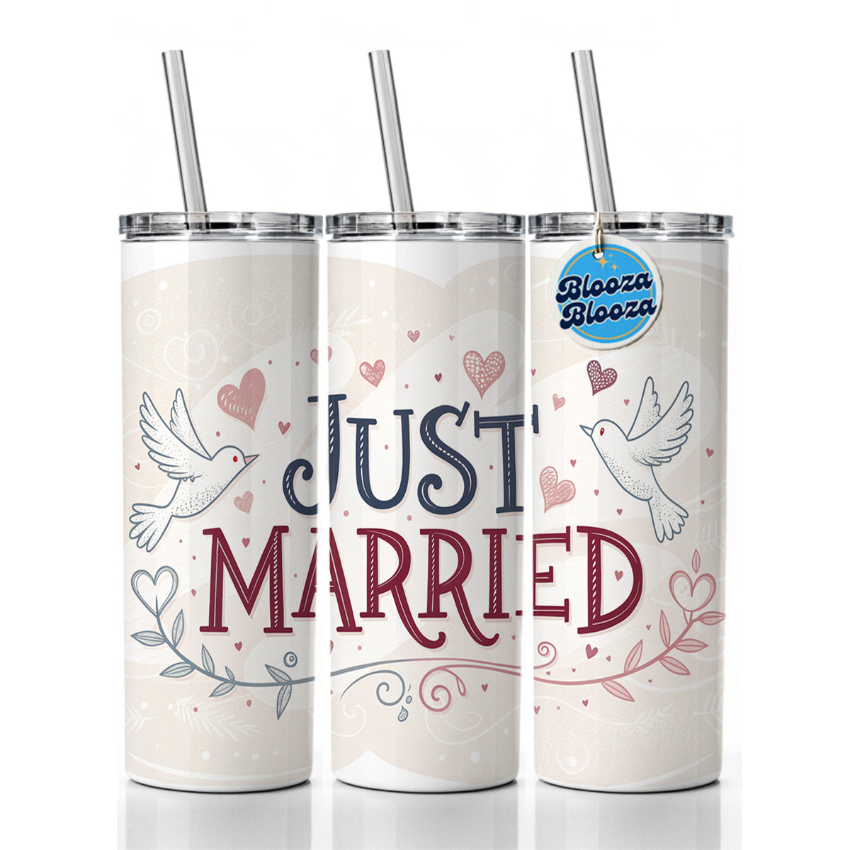 Just Married Doves Hearts Skinny Tumbler 20oz with Straw Insulated Water Bottle Gift