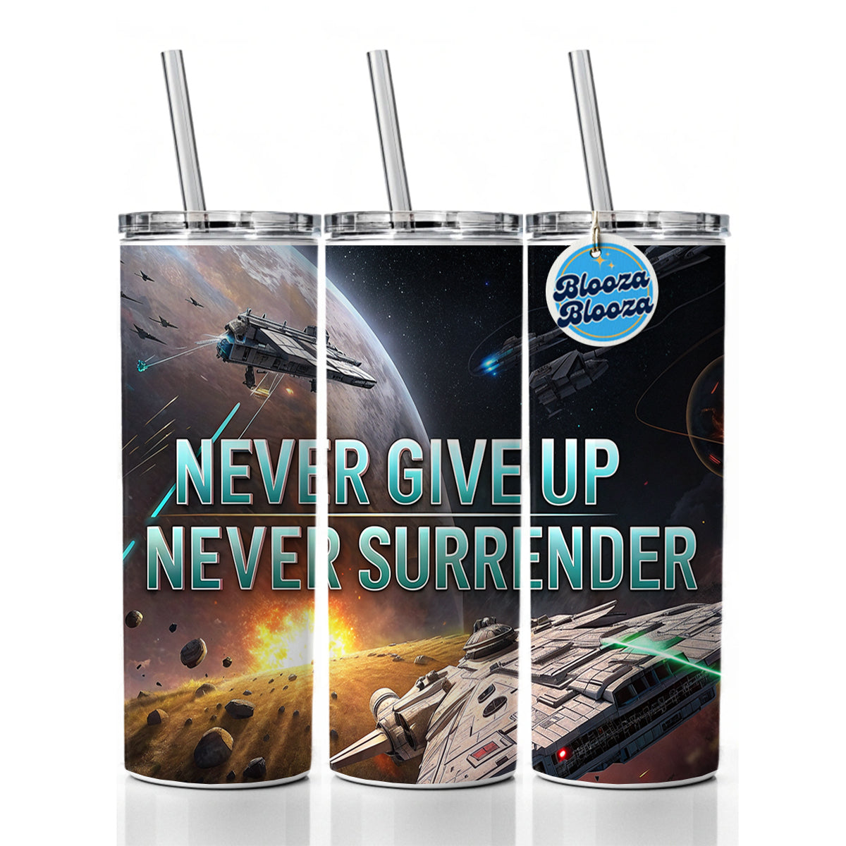 Never Give Up Never Surrender Inspirational Sci-Fi Space Skinny Tumbler 20oz with Straw Insulated Water Bottle Gift