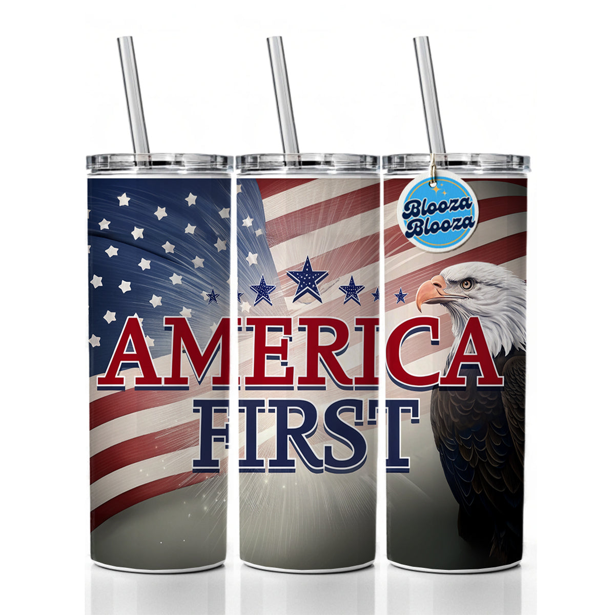 Patriotic America USA American Flag Bald Eagle Skinny Tumbler 20oz with Straw Insulated Water Bottle Gift